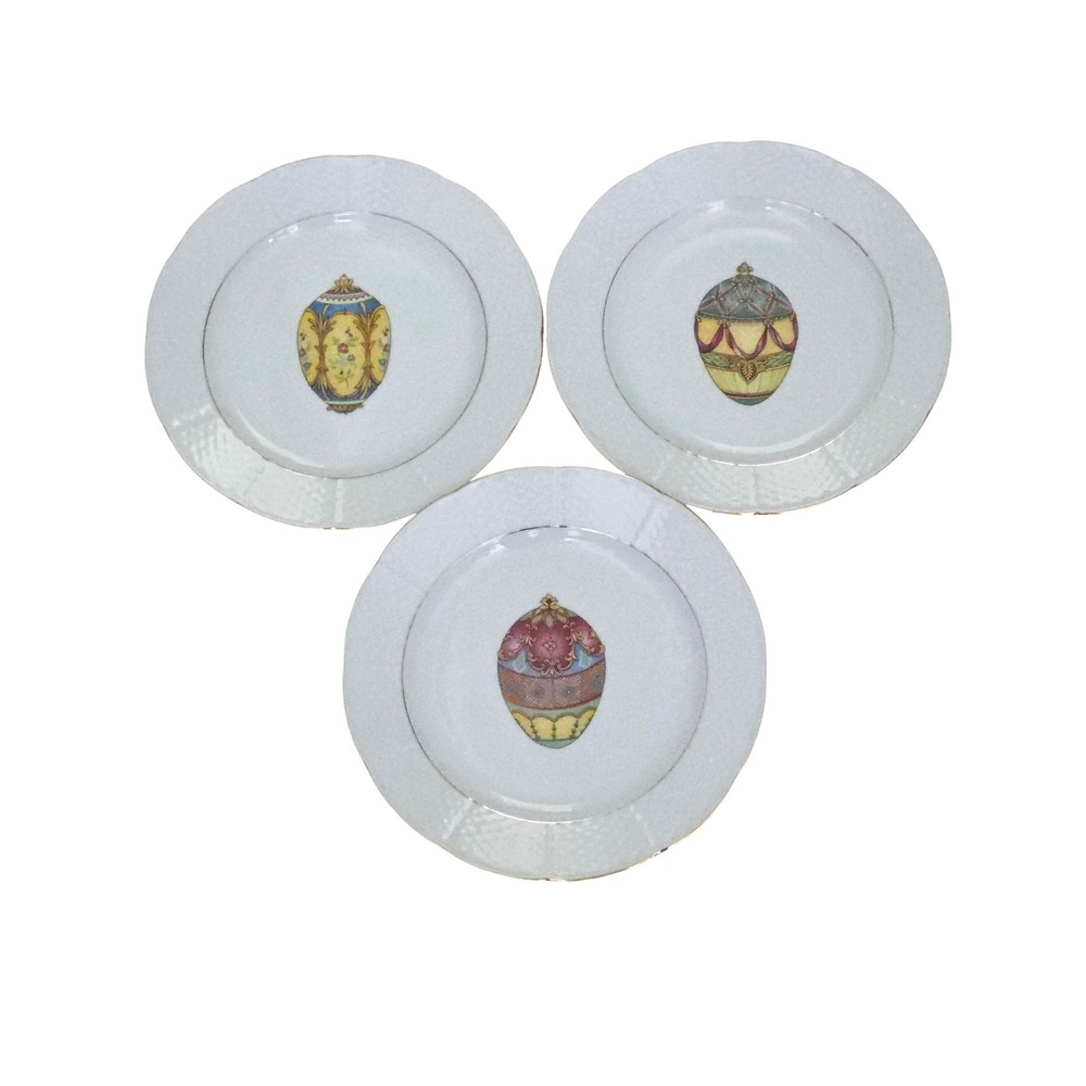 Vintage Limoges Faberge Egg Plates Set of 3 Porcelain Godinger Gold Rim 9.5 in